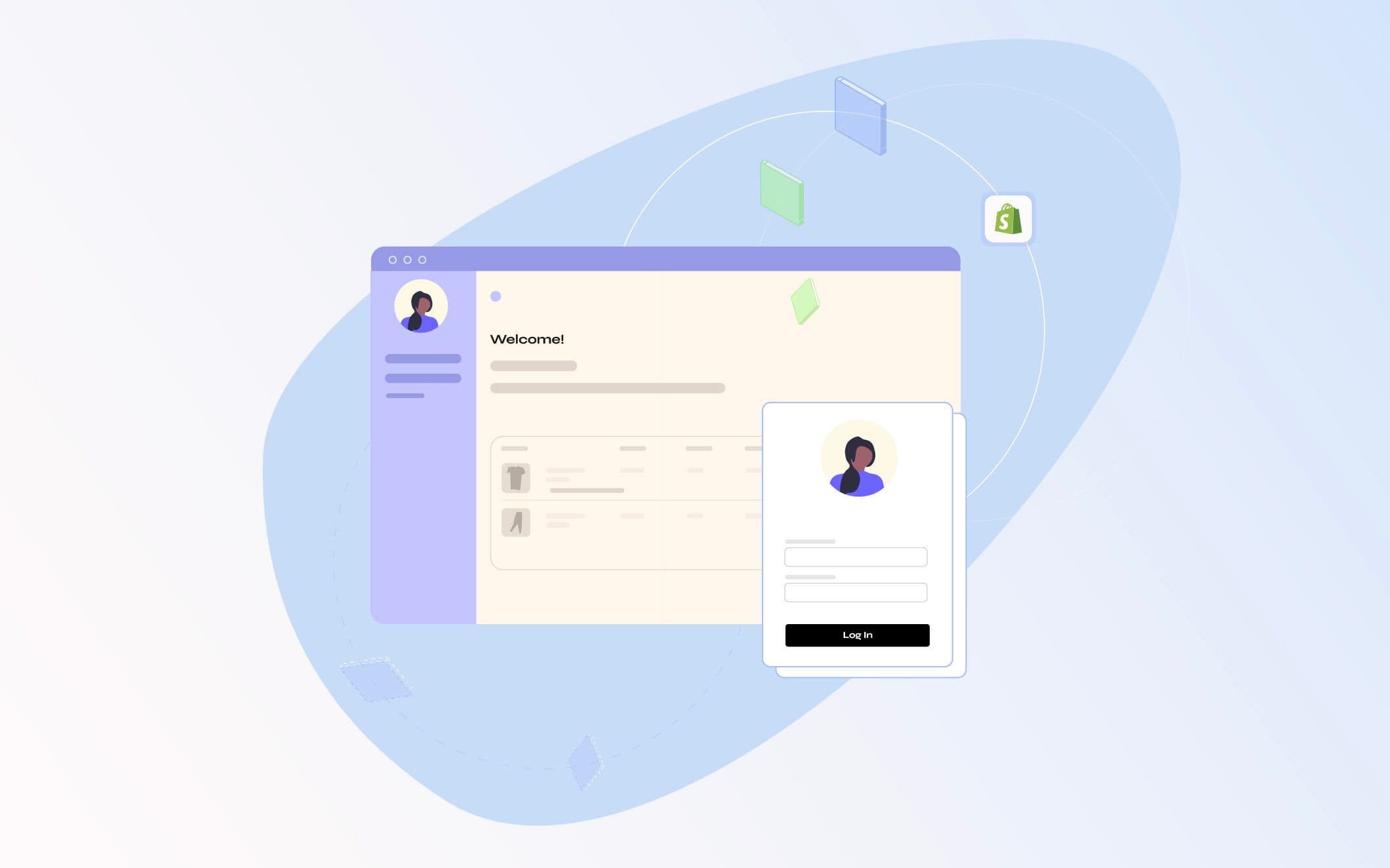 Illustration of a customer account dashboard in a browser window, with a login card floating in front of it and the Shopify logo alongside