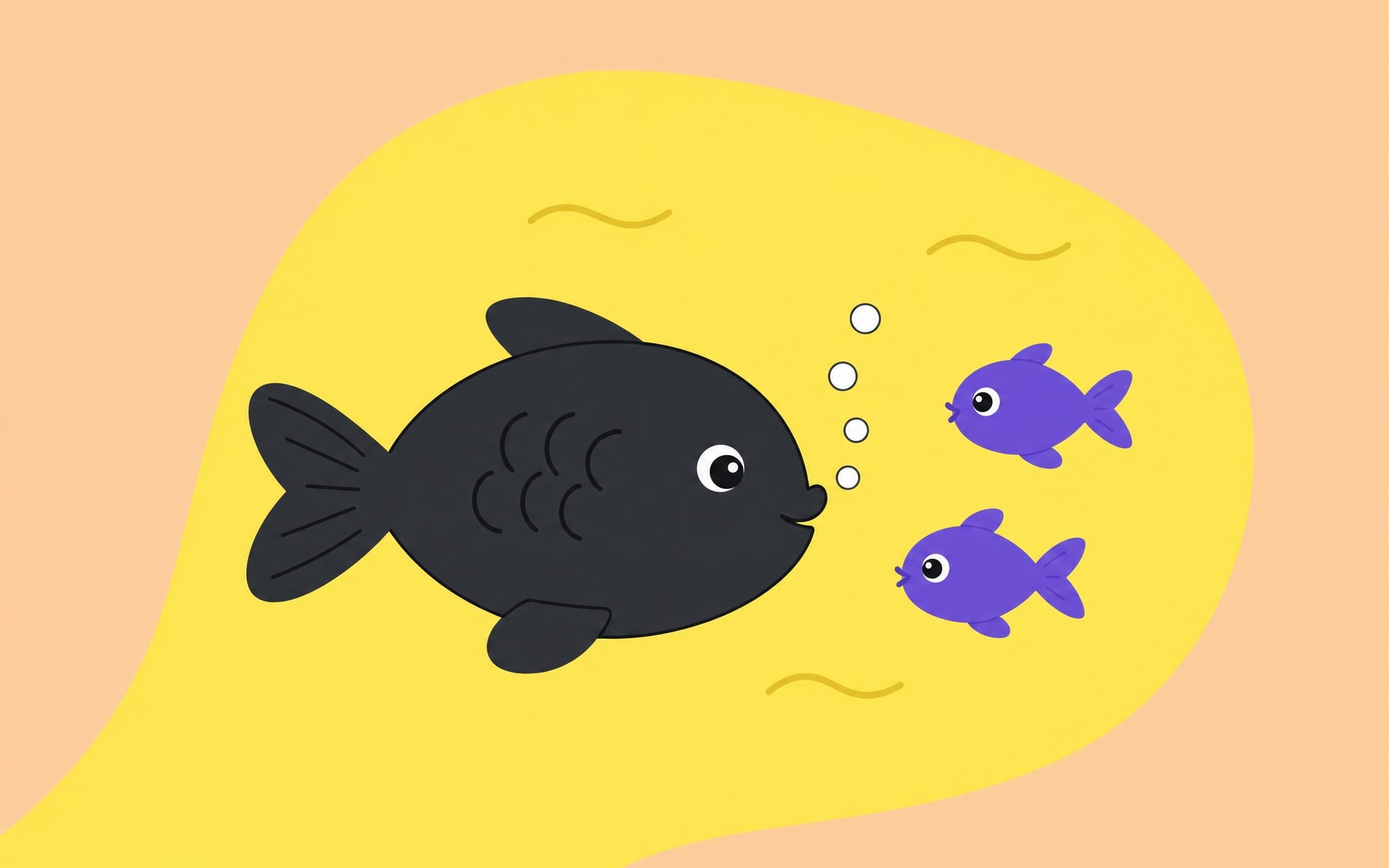 A large dark fish blows bubbles toward two small purple fish swimming past it.