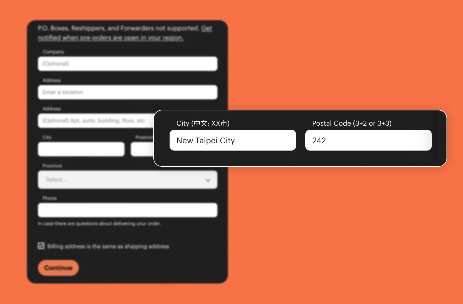 Framework's shipping address form for Taiwan